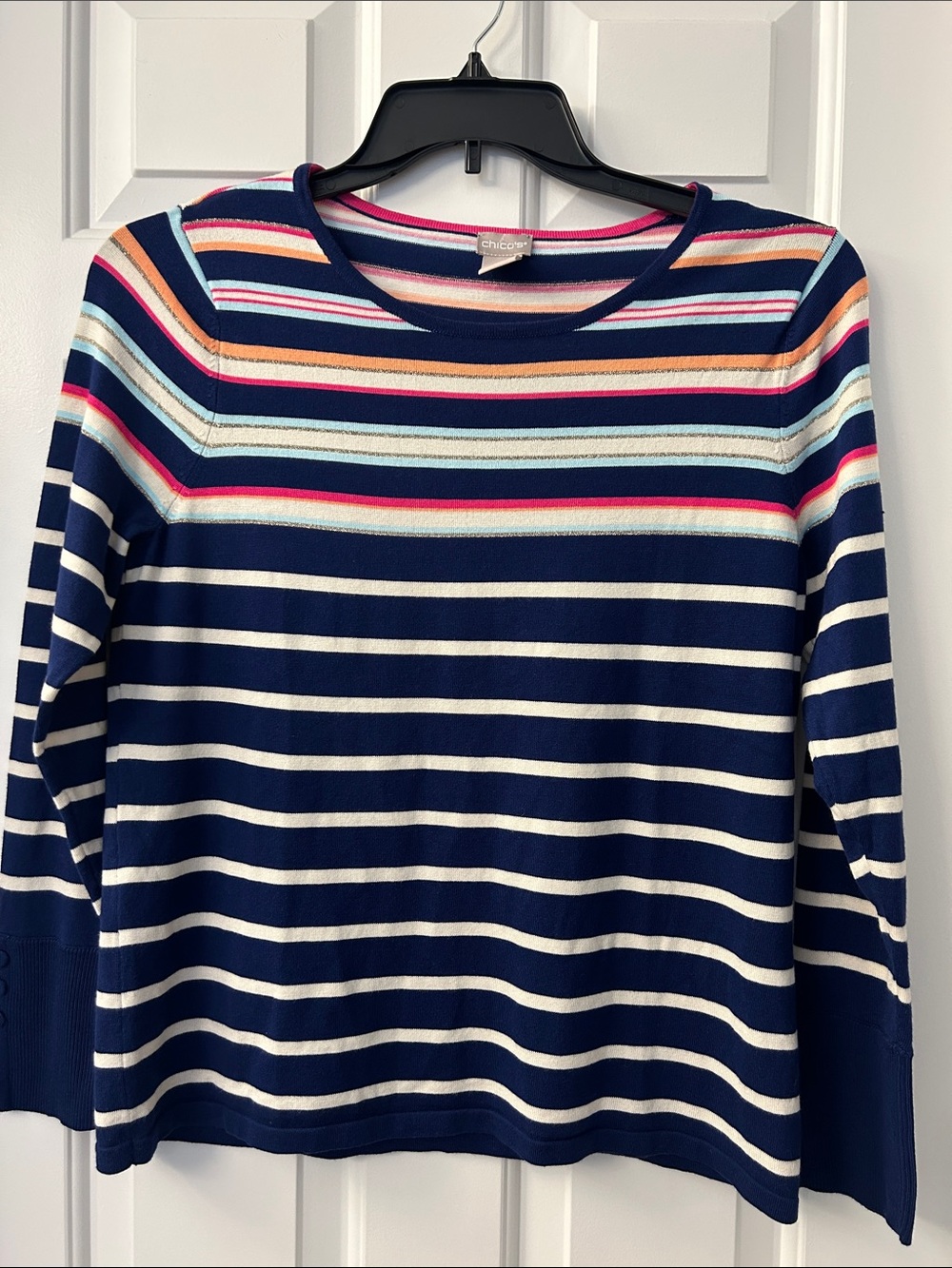Chico's Navy Striped Long Sleeve Top with Multicolor Yoke